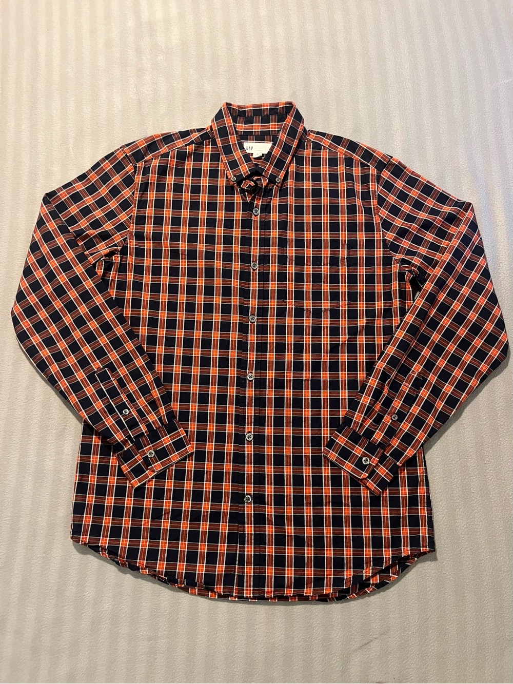GAP Men's Navy and Orange Plaid Button-Down Shirt